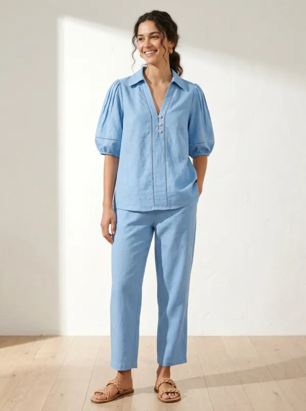 Puff-Sleeve Minimalist Women's V-Neck Casual Lounge Set