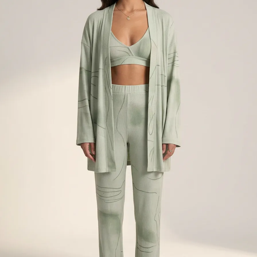 Abstract Line Ribbed Cardigan Lounge Set