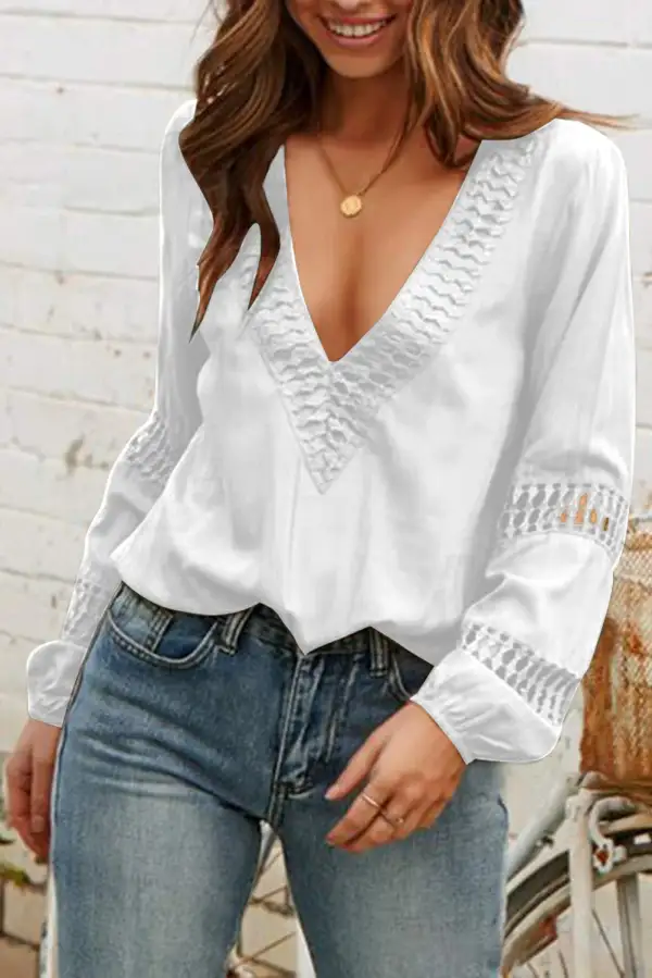 Deep V Neck Crochet Hollow Out Blouse