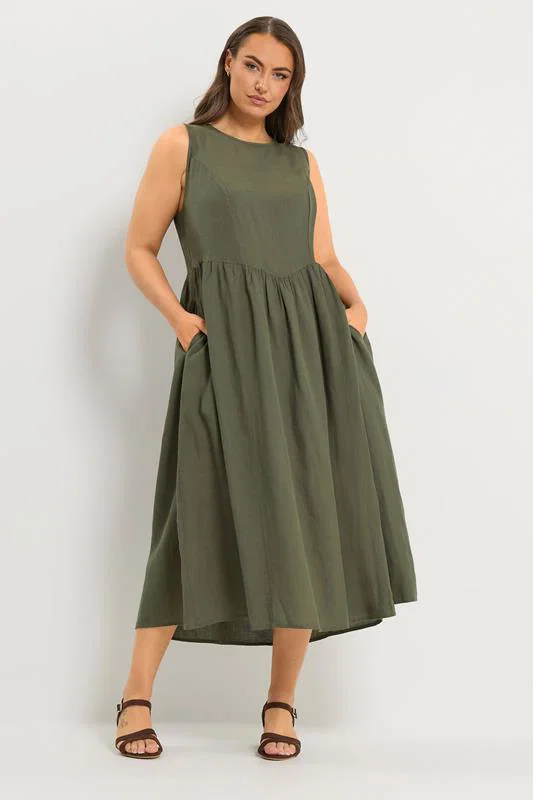 Khaki Green Sleeveless Linen Midi Dress detail 2
