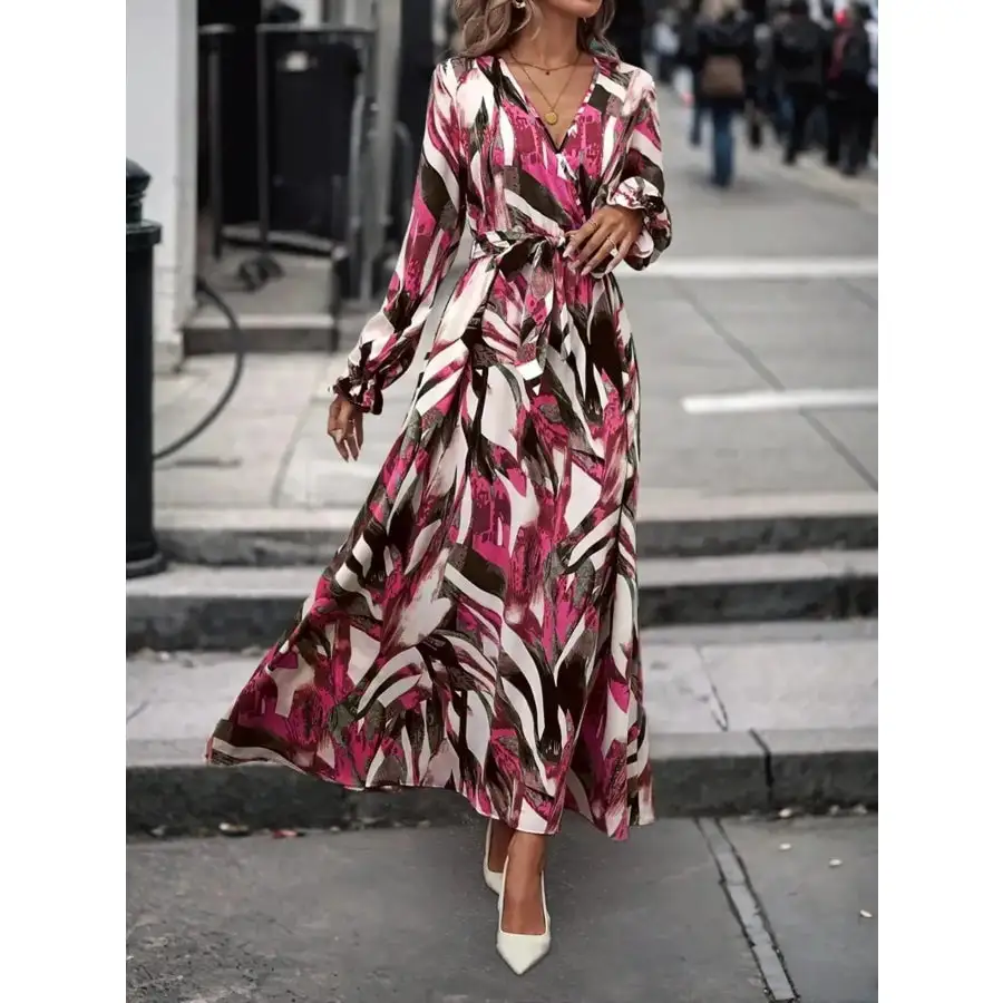 Printed Surplice Flounce Sleeve Maxi Dress