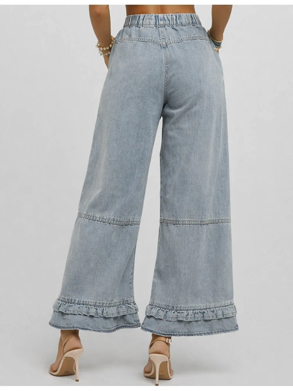 Ruffle Hem Jeans Elastic Waist Wide Leg Denim Pants