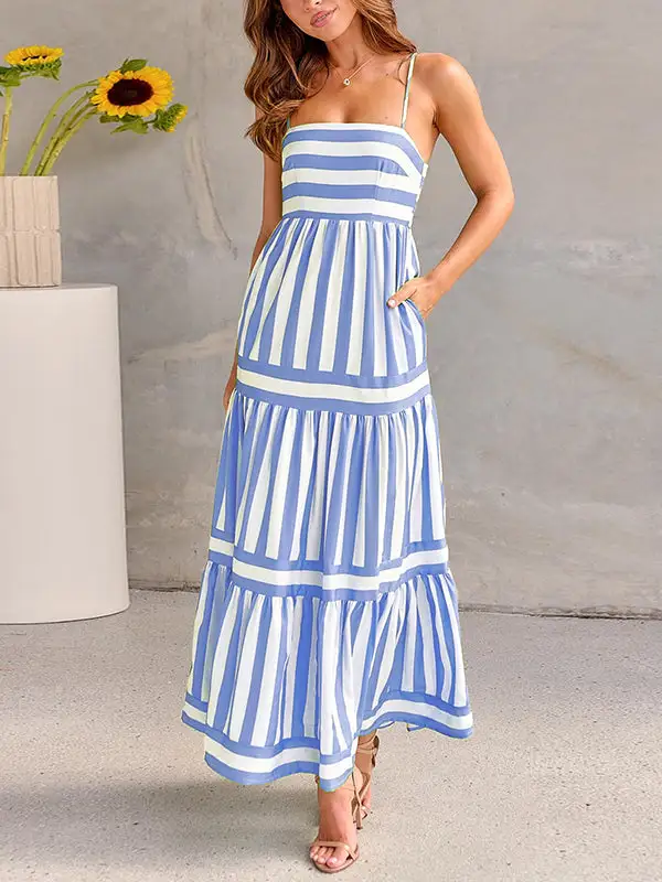 Striped Pleated Sleeveless Neck Maxi Dress