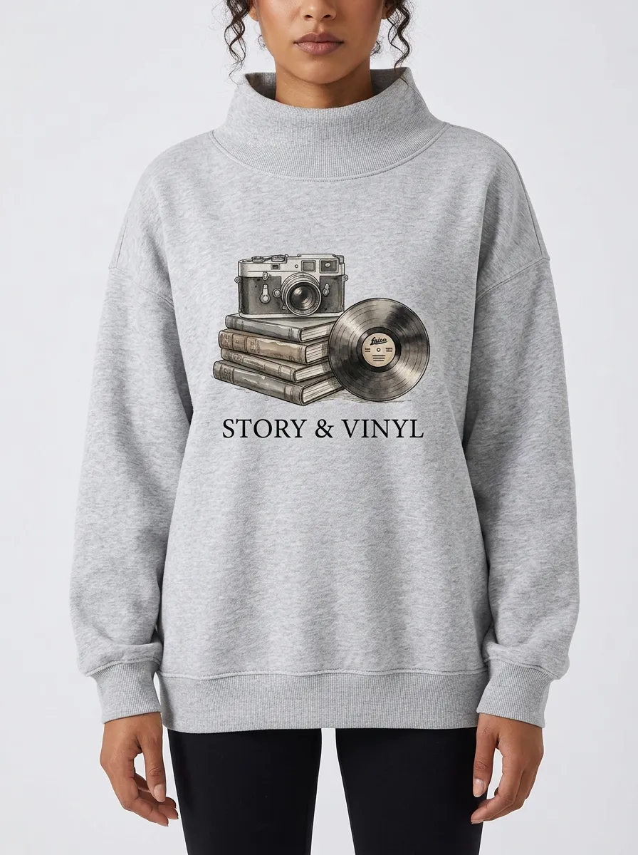 Women's Book Camera Vinyl Record Story Graphic Sweatshirt