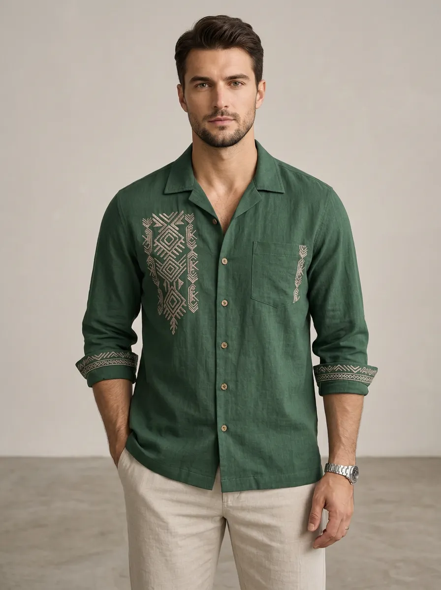 Men's Refined Linen Geometric Boho Printed Shirt