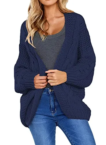Womens Open Front Long Sleeve Chunky Knit Cardigan Sweaters Loose Outwear Coat