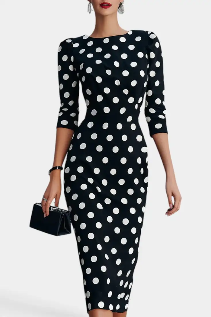 Polka-Dot Round-Neck Midi Dress