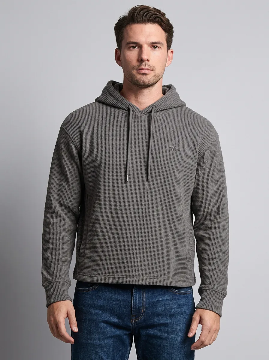 Men's Compass Detail Graphic Waffle-Knit Pullover Hoodie