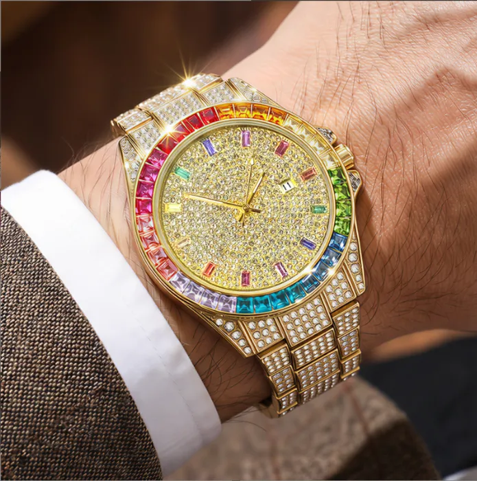 Luxury Gold Tone Full Diamond Rainbow Bezel Quartz Watch, Trendy Waterproof Calendar Stainless Steel Band Wristwatch