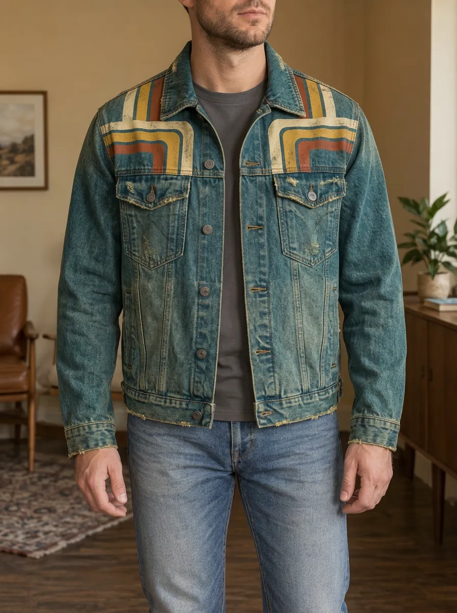 Men's Retro Striped Pattern Distressed Denim Printed Jacket