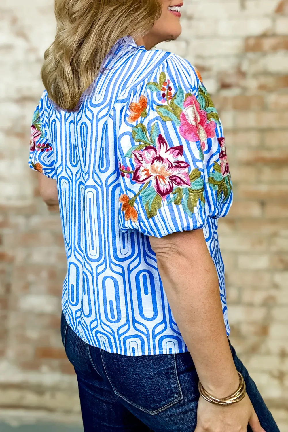 Sky Blue Geometry Print Floral Blouse