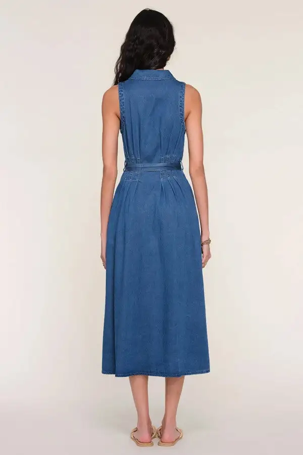 Women's Blue Denim Belted Midi Shirt Dress