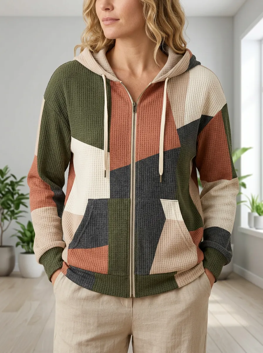 Women's Colorblock Geometric Signature Motif Waffle Zip-Up Hoodie