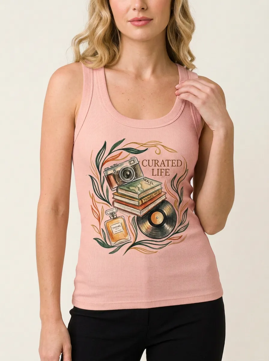 Women's Curated Life Camera Books Vinyl Graphic Tank Top