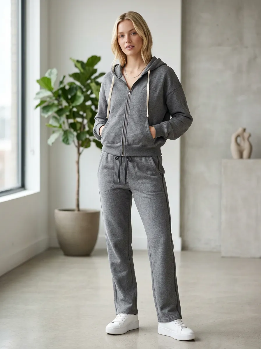 Women's Casual Minimalist Grey Embroidered Logo Zip-up Hoodie Jogger Set