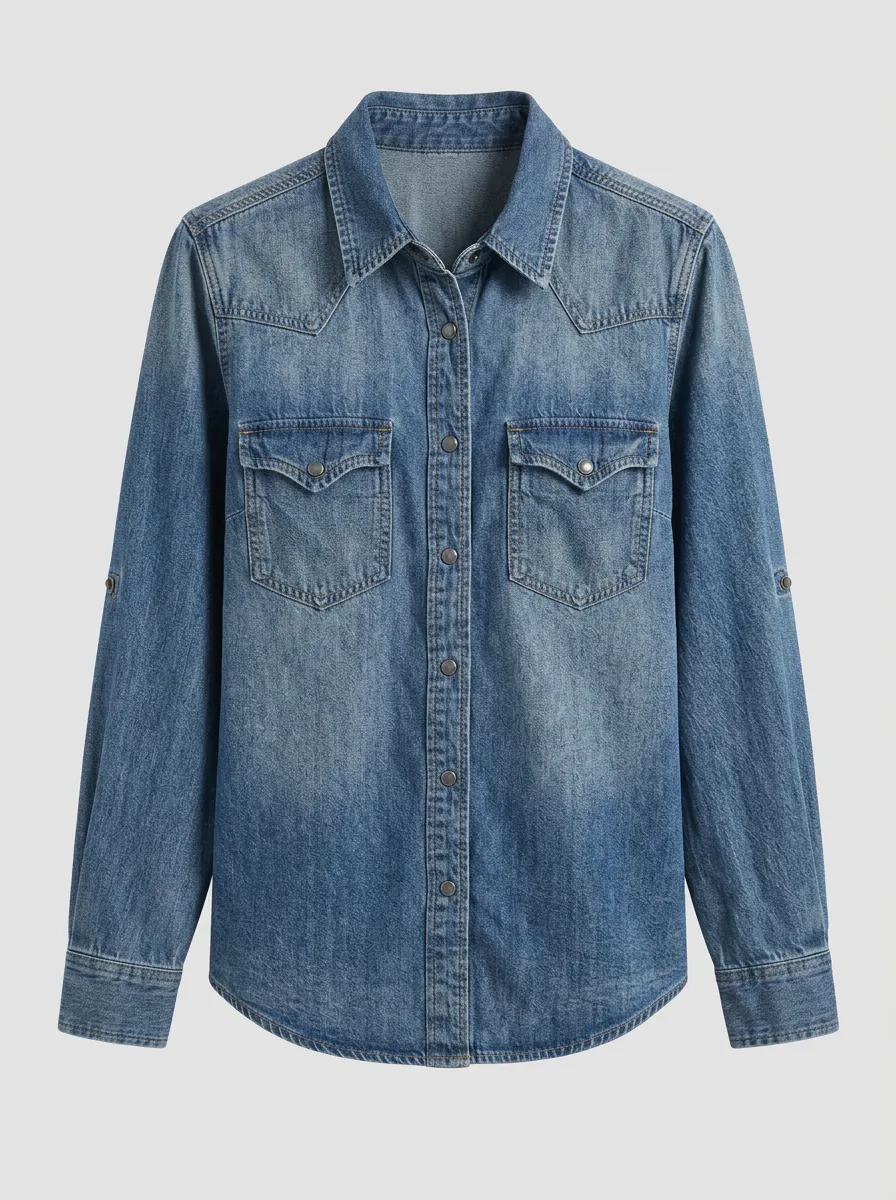 Women's Western Style Blue Denim Button Down Shirt