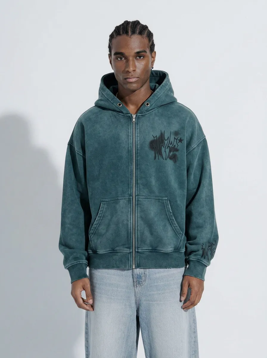 Men's Streetwear Graffiti Star Printed Washed Zip Up Hoodie