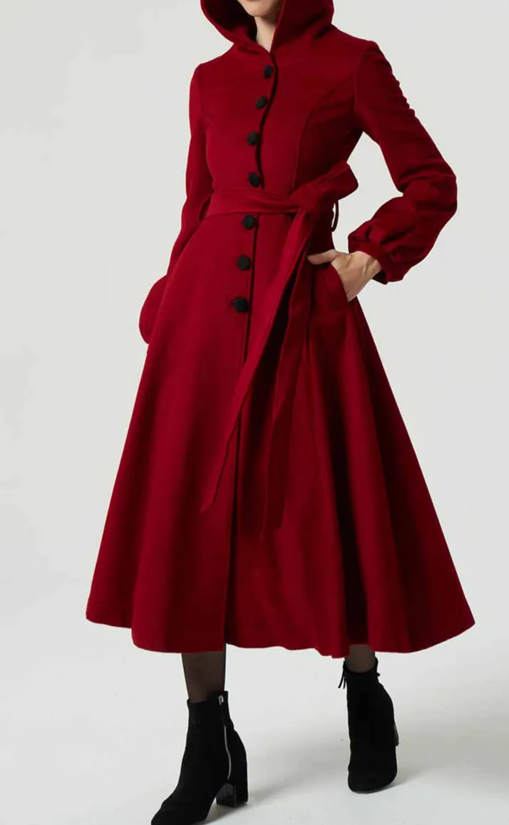Wool Blend Swing Hooded Single Breasted Lantern Sleeve Midi Coat
