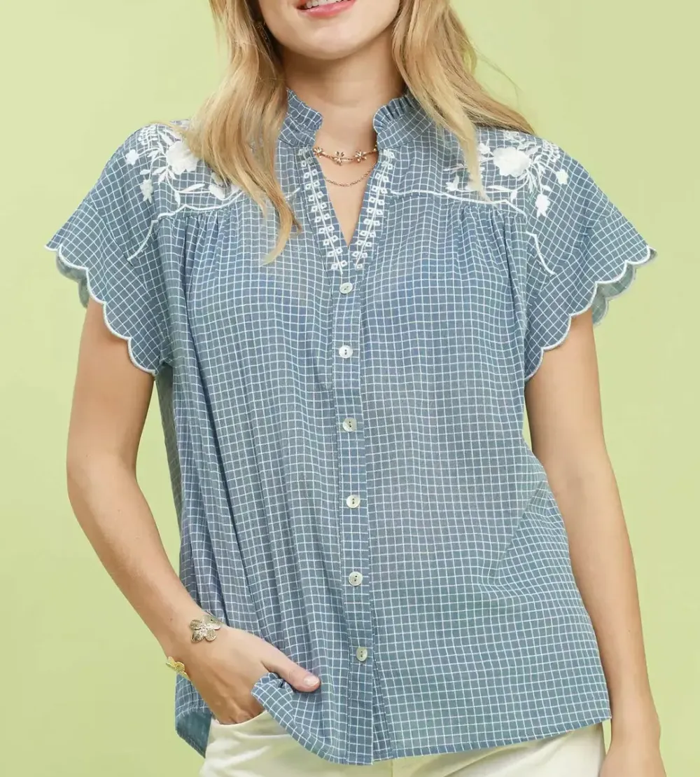 Classic Embroidered Print Scallop Sleeve Button Front Blouse
