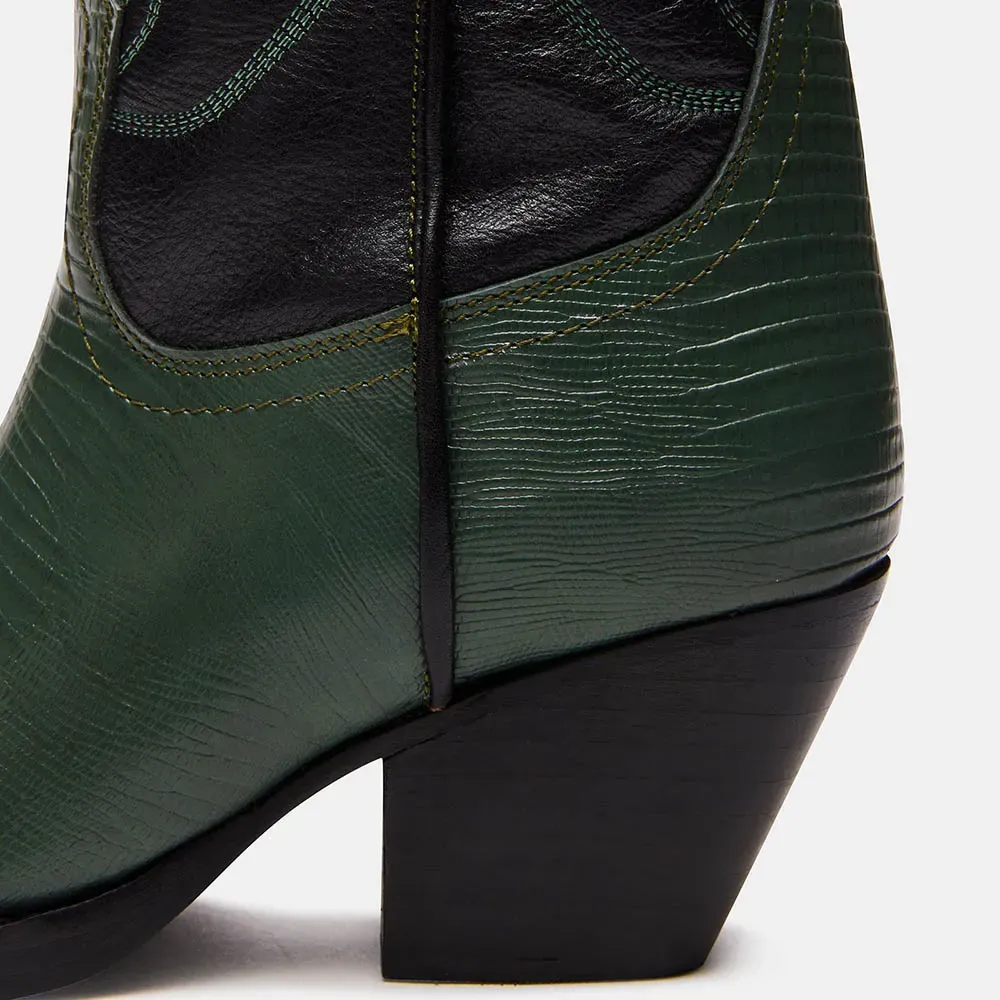 Classic Faux-Leather Embroidered Pointed-Toe Chunky-Heel Mid-Calf Boots