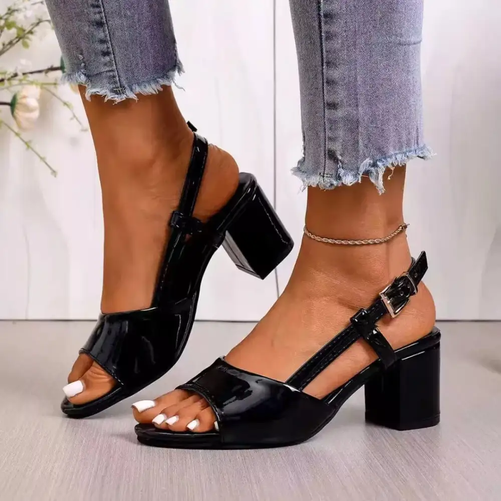 Printed Open Toe Block Heels Sandals