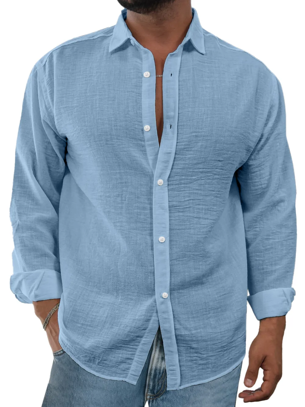 Linen Blend Open Collar Shirt