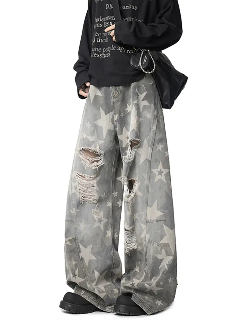 Wide-Leg Ripped Distressed Jeans