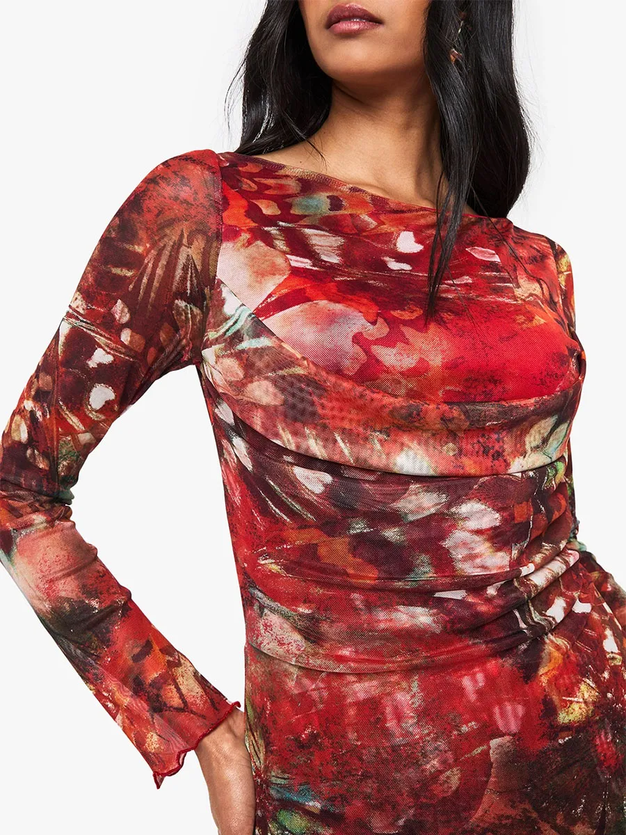 Red Floral Print Sheer Mesh Bodycon Dress