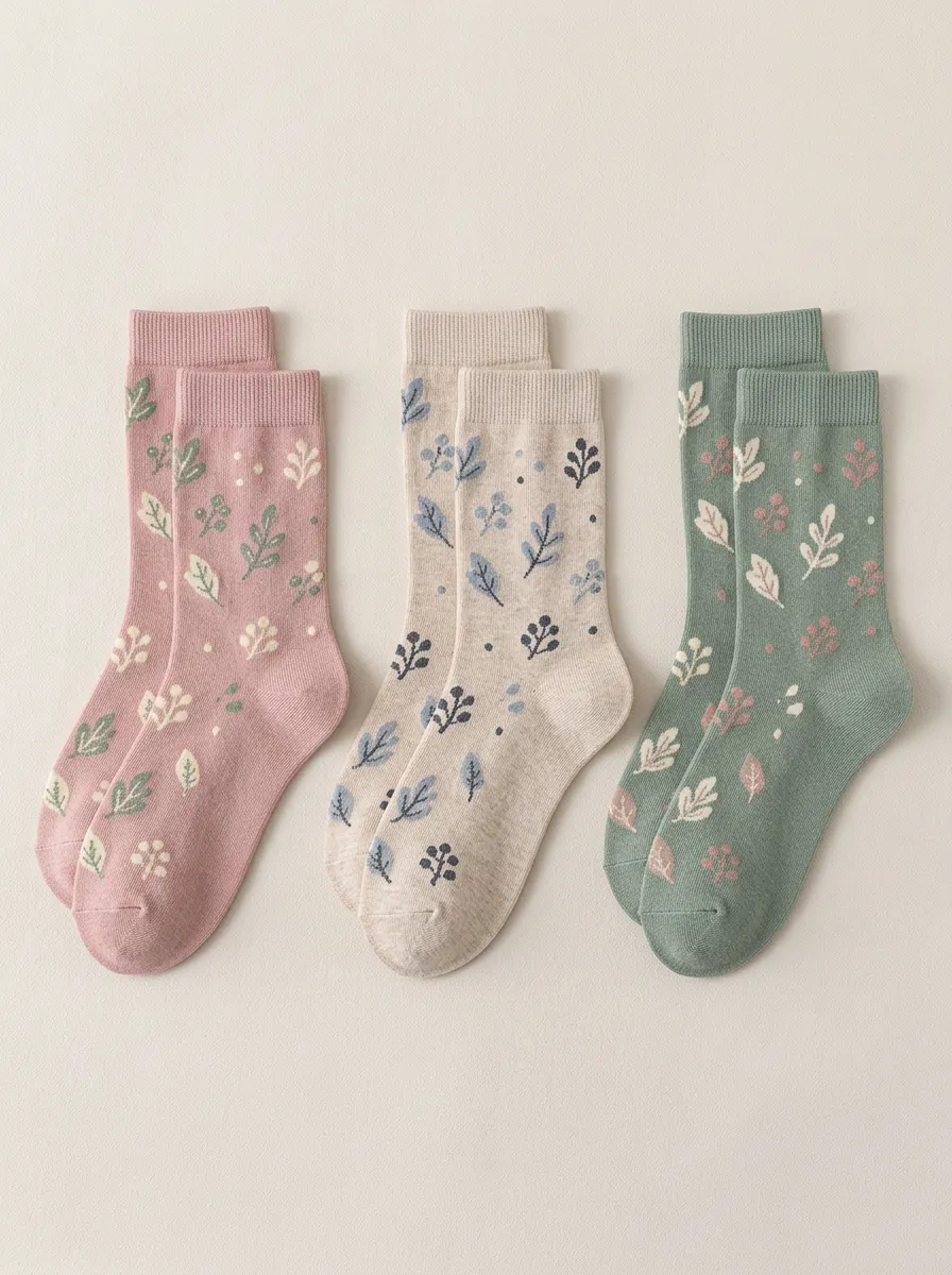 Women's Minimal Botanical Crew Socks Three Pair Set