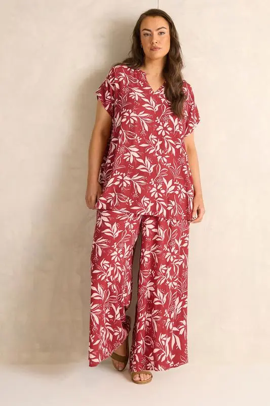 Orange Leaf Print Shirred Waist Trousers