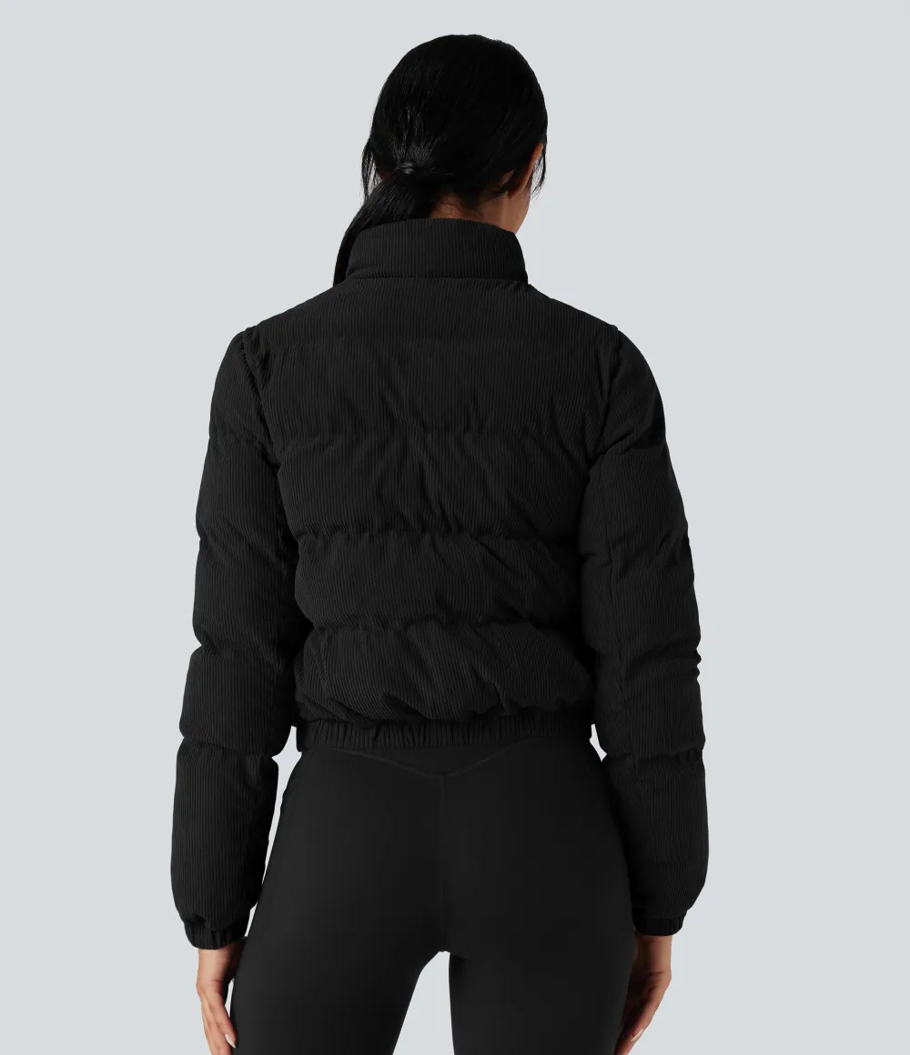 Stand Collar Corduroy Casual Puffer Jacket with Pockets
