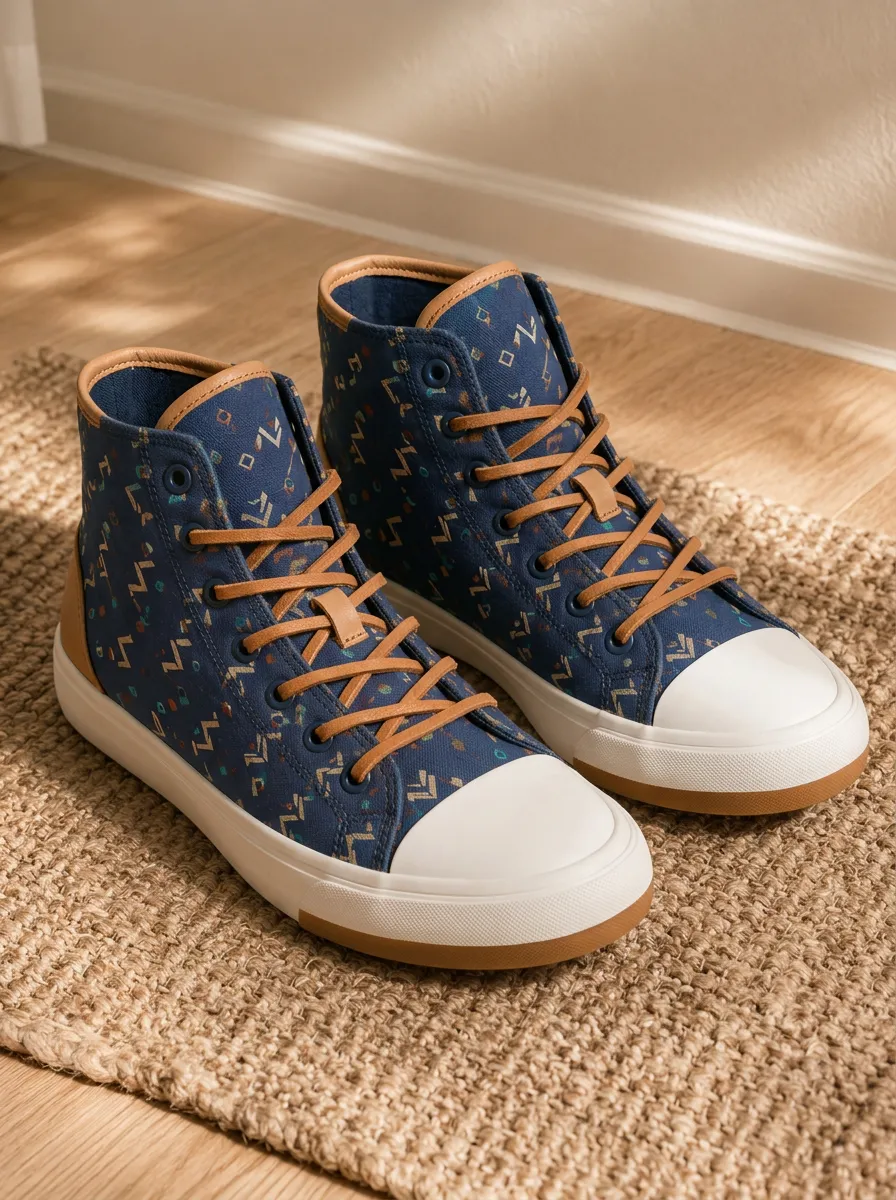 Women's Geometric Pattern Navy Blue Printed Canvas Shoes