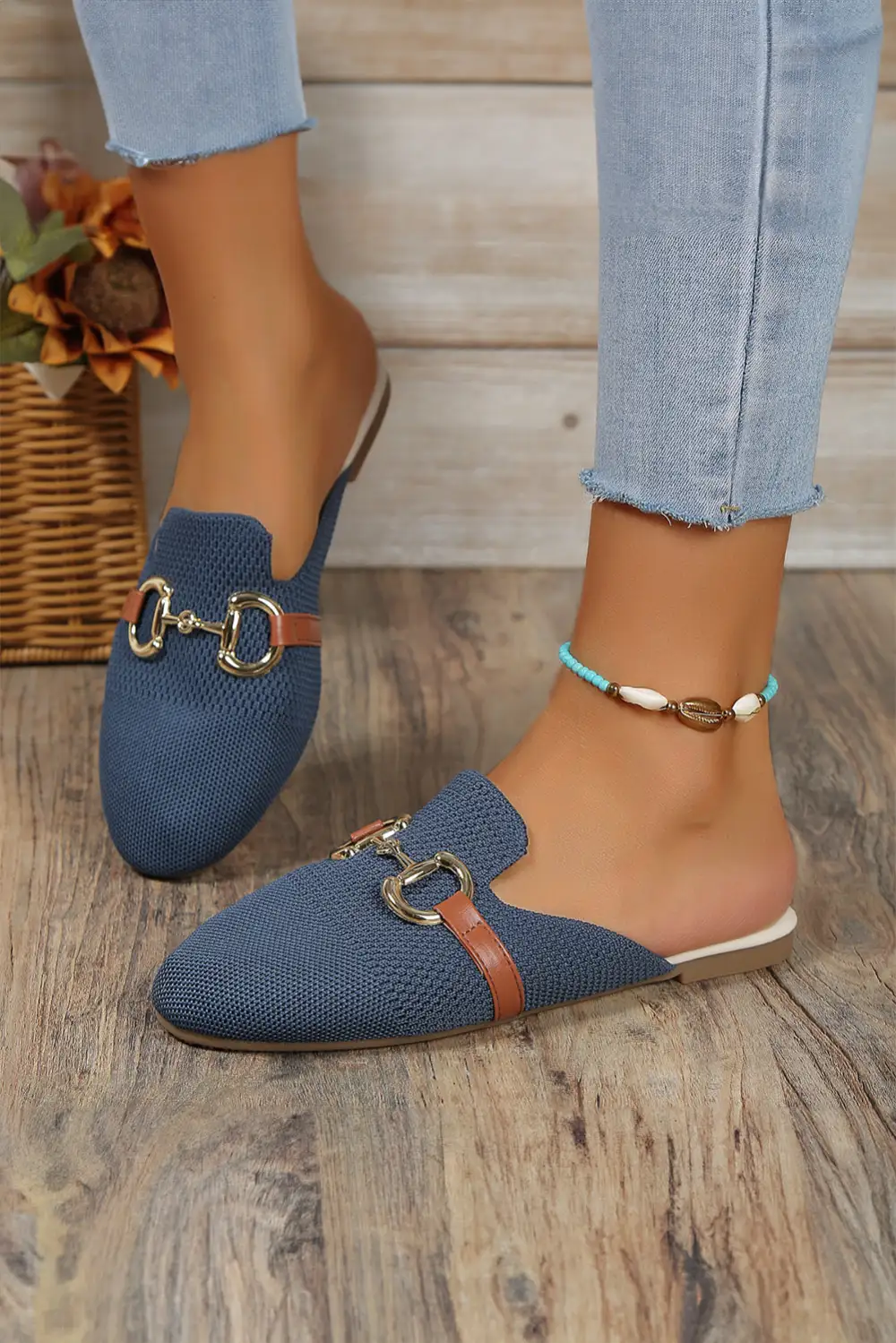 Sky Leather Strap Buckle Decor Slip On Flats