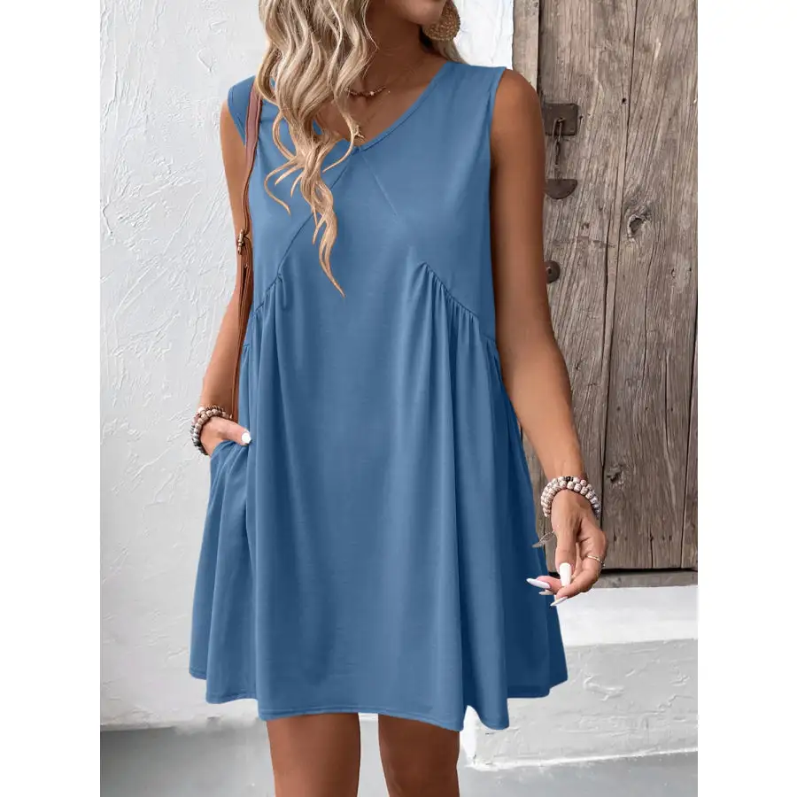 Ruched V-Neck Sleeveless Mini Dress