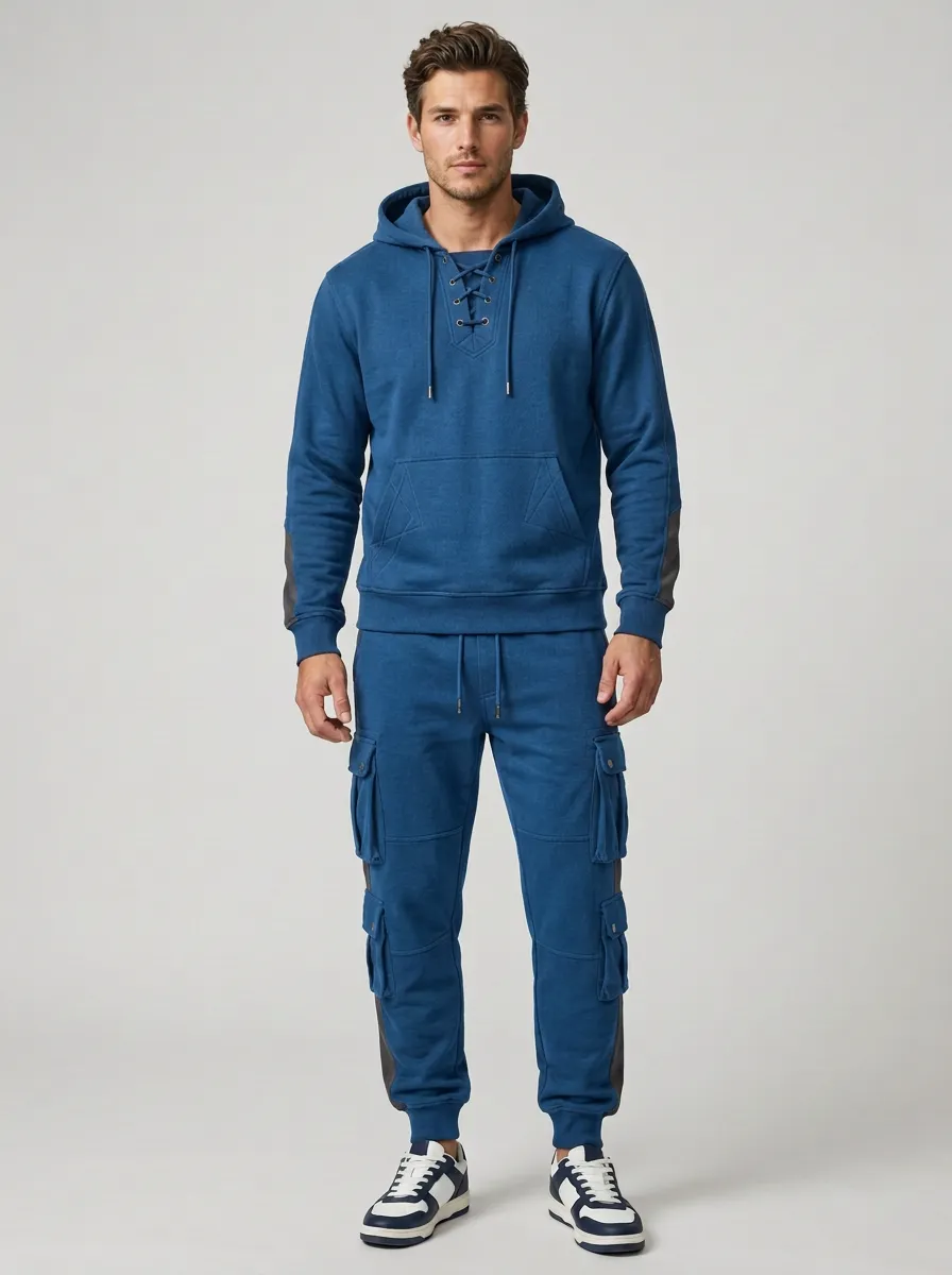 Functional Lace-Up Multi Pocket Profile Men's Lace Up Hoodie And Cargo Jogger Set