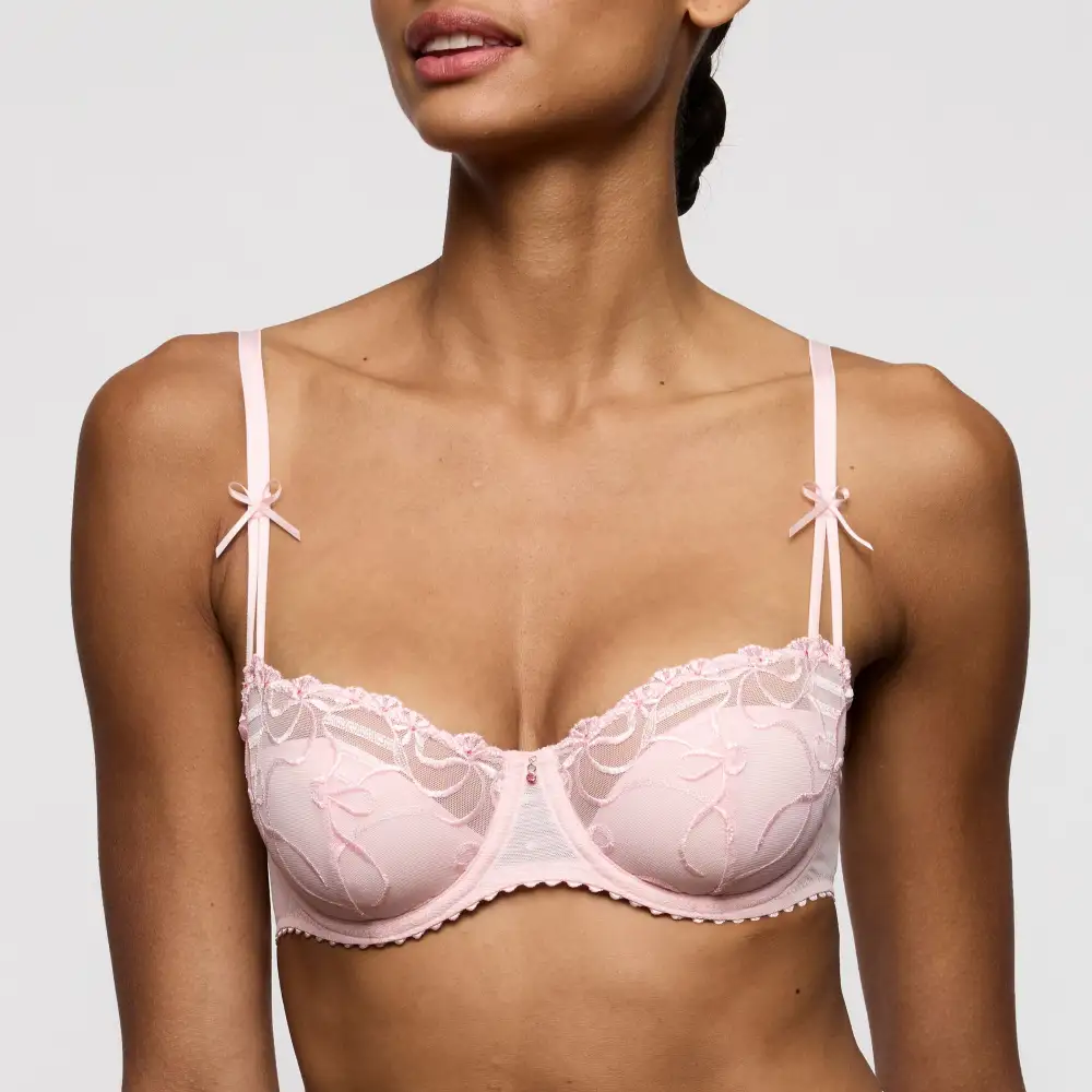 Women's Balconette Underwire Padded Chimney Back Embroidery Mesh Rounded Shape Bra