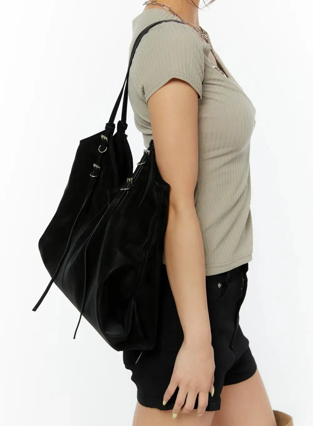 Faux Leather Belted Shopper Tote Bag