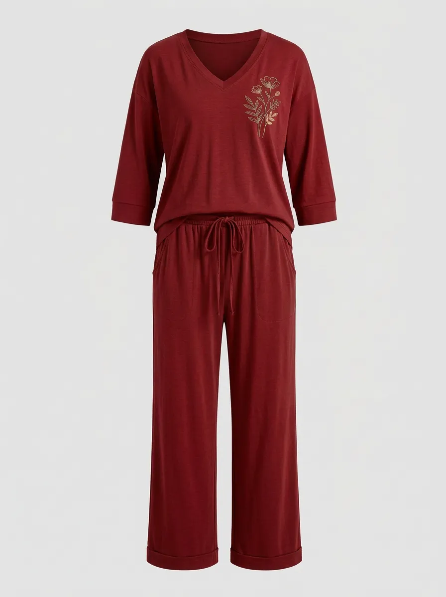 Women's Floral Embroidered V-Neck Top And Drawstring Straight-Leg Trouser Lounge Set