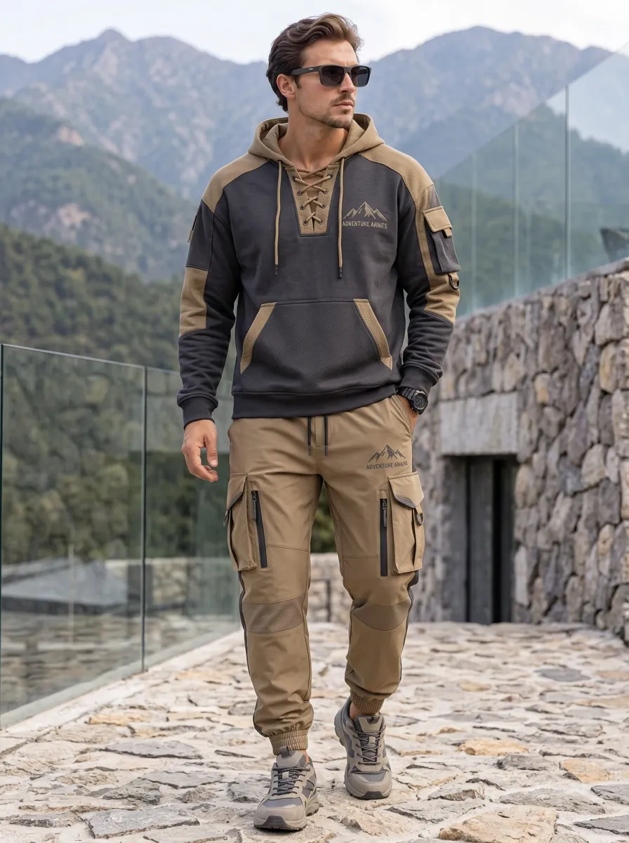 Daily Lace-Up Mountain Graphic Outdoor Look Men's Lace Up Hoodie And Cargo Jogger Set