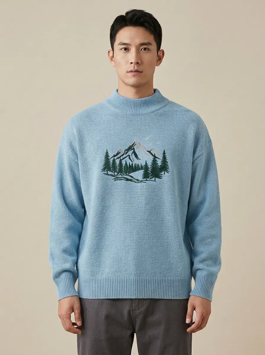 Men's Mountain Forest Embroidered Mock-Neck Knit Sweater