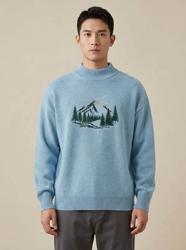 Men's Mountain Forest Embroidered Mock-Neck Knit Sweater