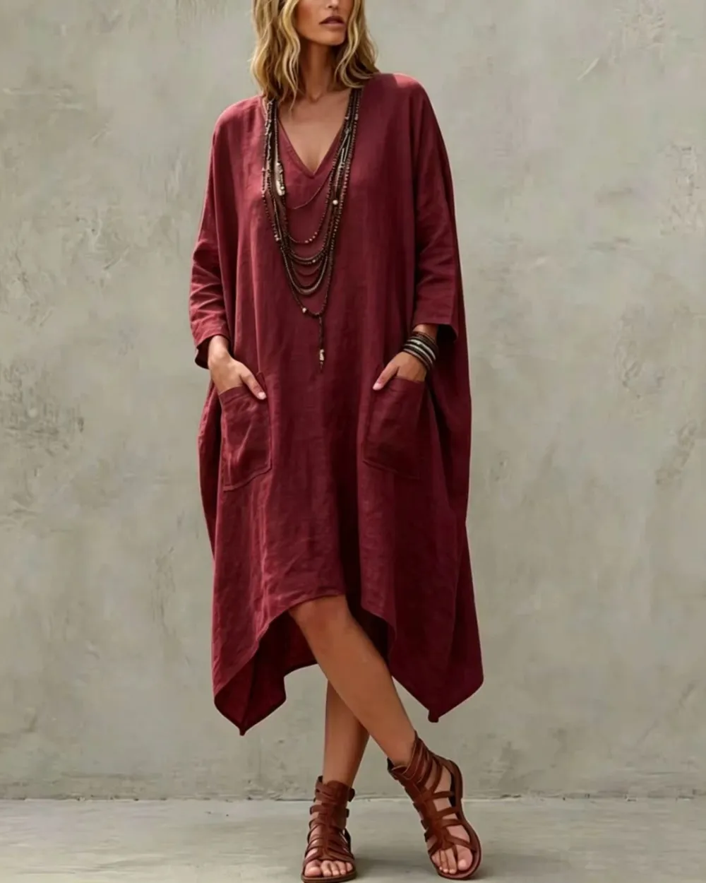 Relaxed V-Neck Asymmetrical Dress