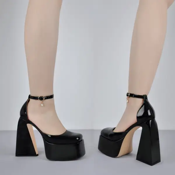 Patent Finish Square Toe Platform Chunky Heel Ankle Strap Pumps