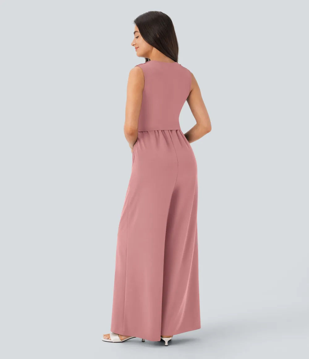 SculptKnit V Neck Sleeveless Ruched Pocket Jumpsuit-Easy Peezy