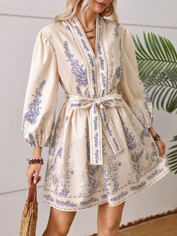 Lantern Sleeve Belted V-Neck Dress