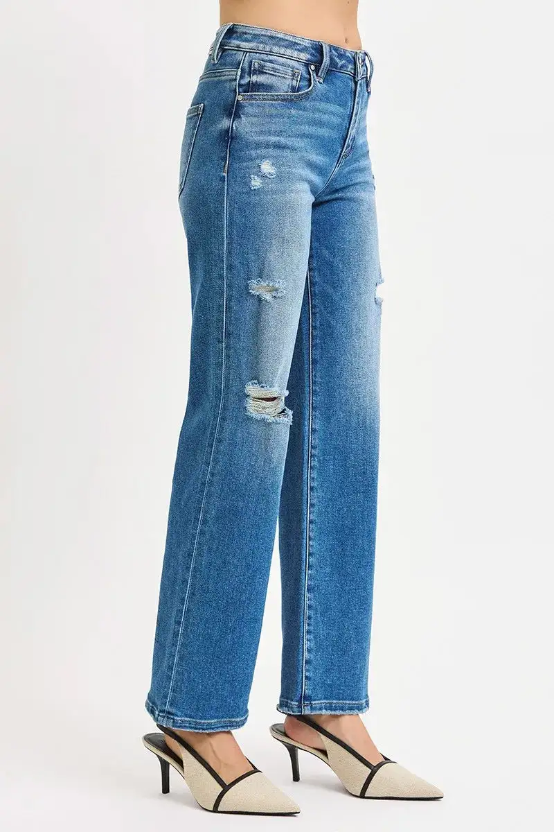 Balanced High Waist Straight Leg Distressed Denim Jeans