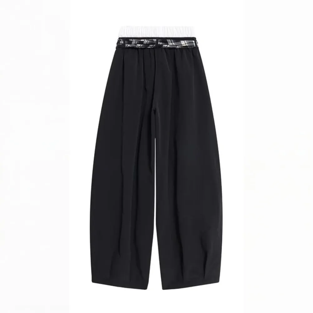 Embroidered Ruched Wide-Leg Pants with Plaid Scarf