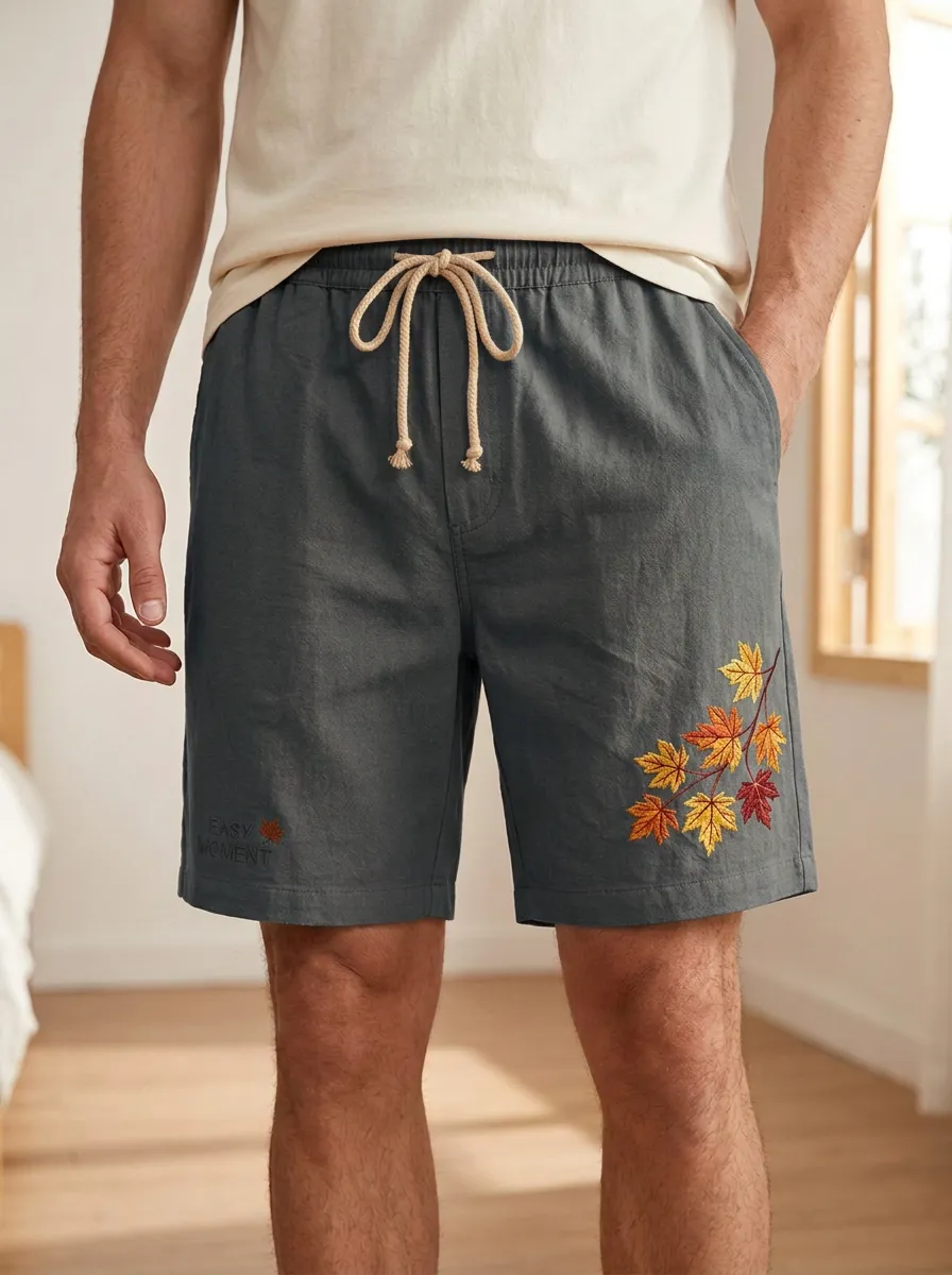 Tan Embroidered Leaf Detail Drawstring Embroidered Shorts