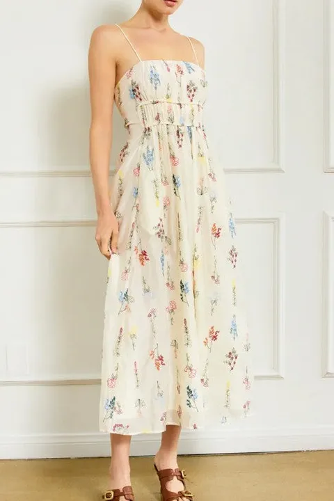 Women's White Floral Print Smocked Maxi Dress