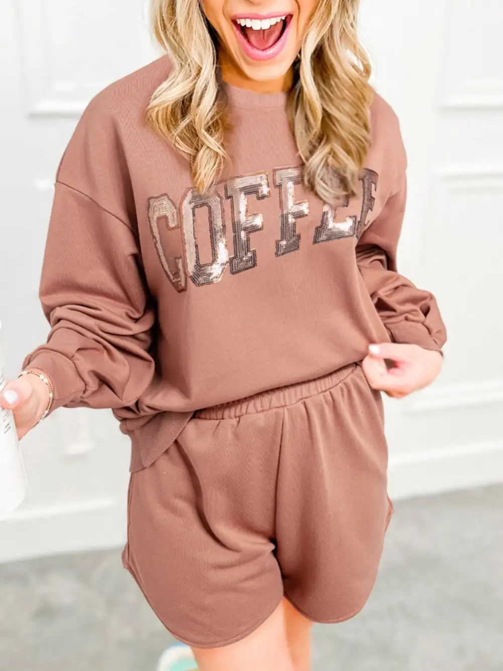 Coffee Round Neck Sweatshirt and Shorts Set